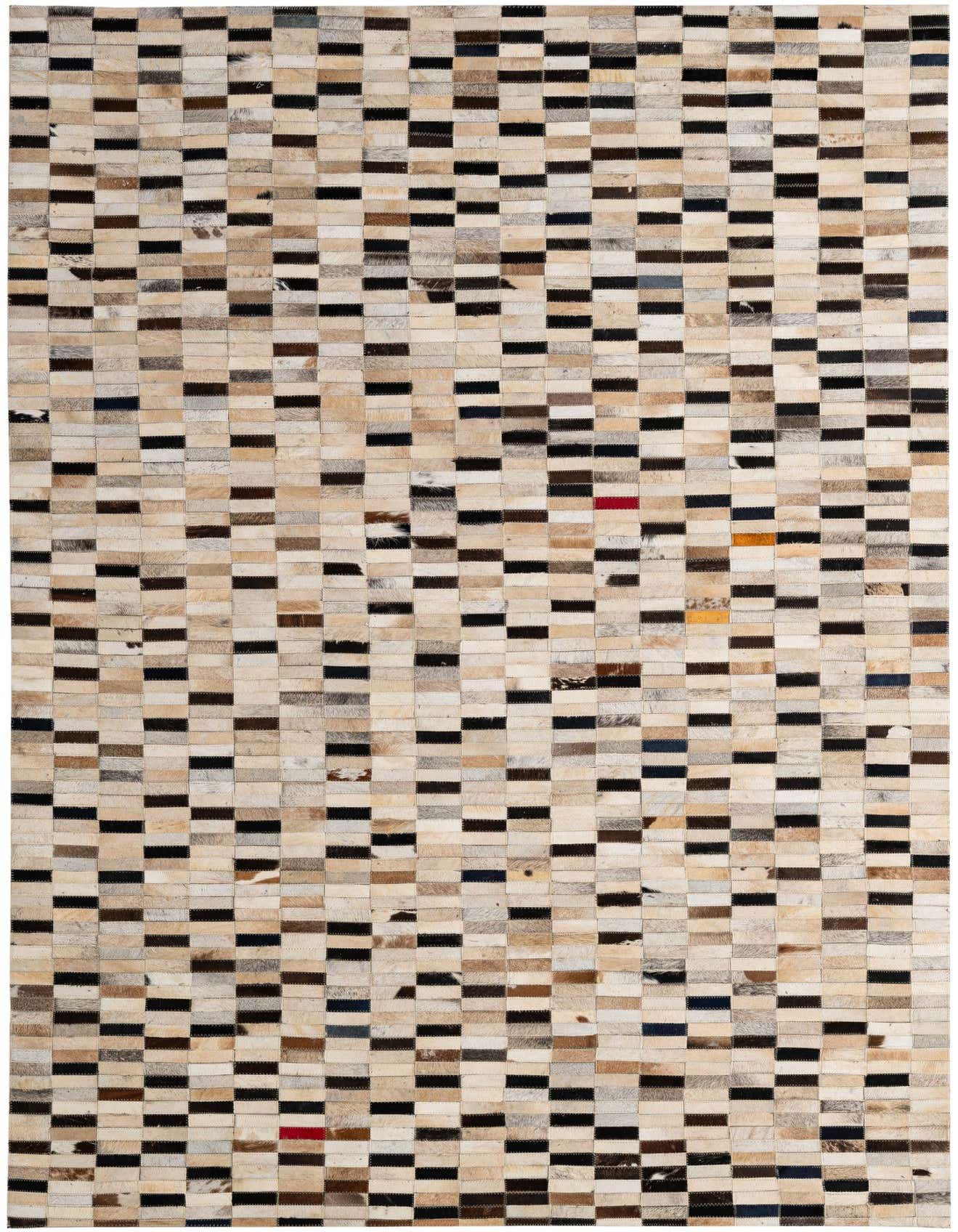A 5x8 rectangular Cowhide - Patchwork rug featuring a modern stripe pattern in multi-colored natural cowhide and leather patches.
