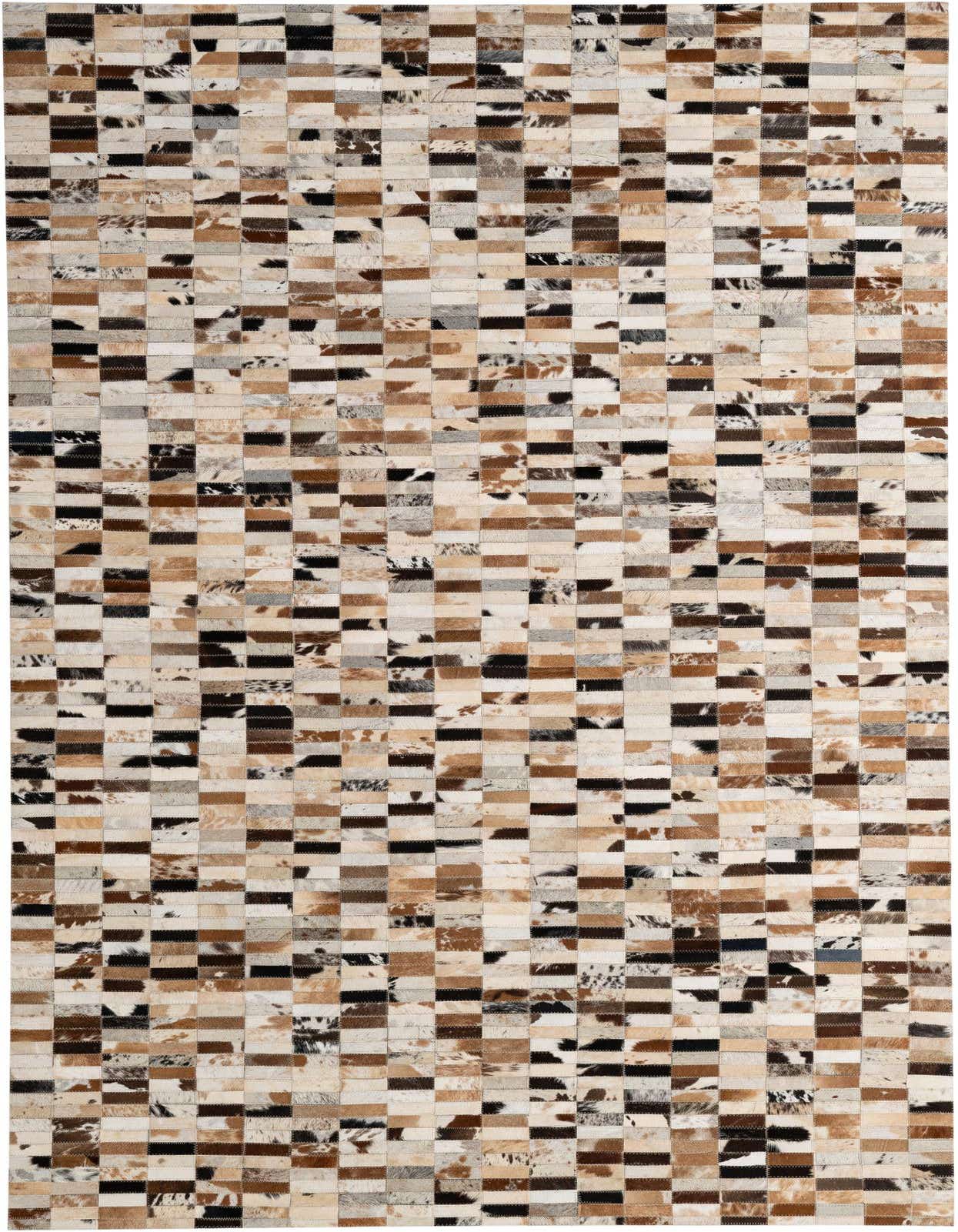 A 5x8 rectangular Cowhide Patchwork rug featuring a modern stripe pattern in multi-colored natural cowhide and leather.