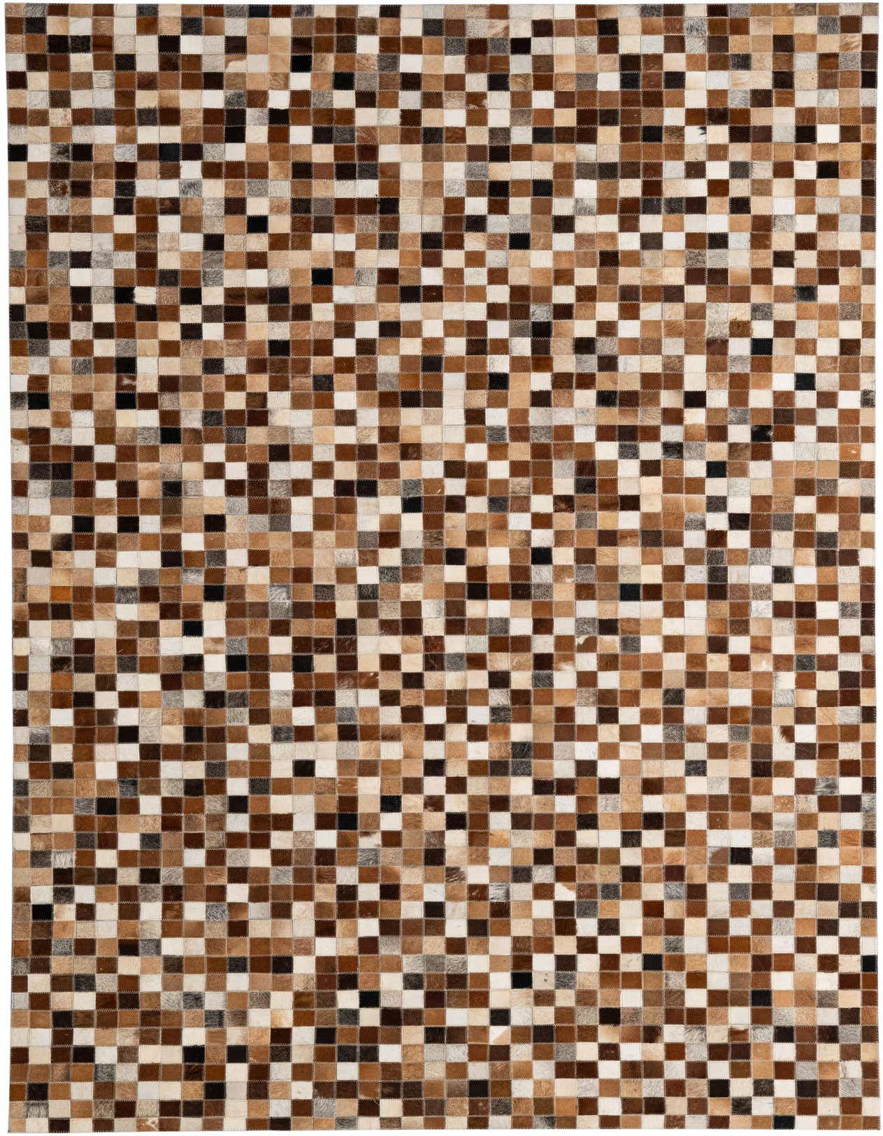 A 5x8 rectangular Cowhide Patchwork rug featuring a modern multi-colored checkerboard pattern in various shades of brown, black, and white.