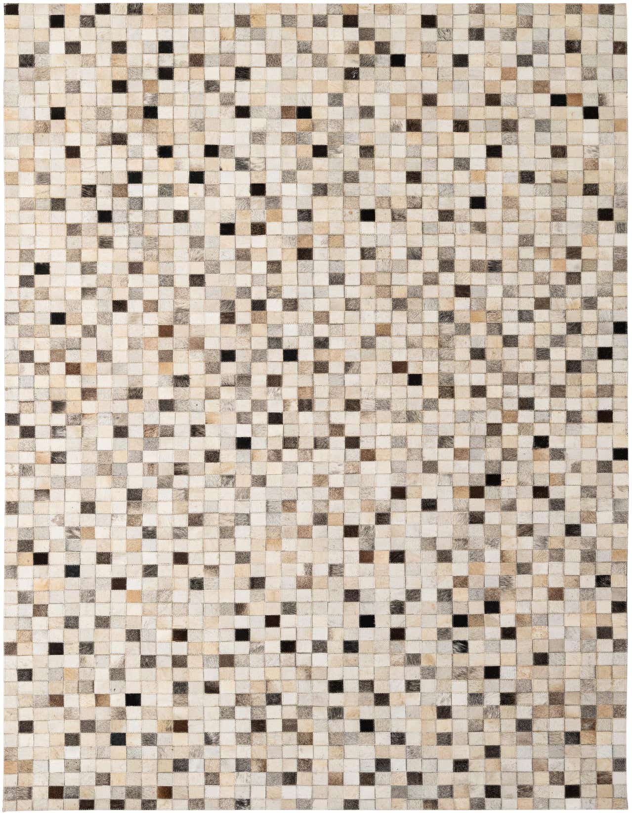 A 5x8 rectangular Cowhide Patchwork rug featuring a modern mosaic of multi-colored squares in natural tones.