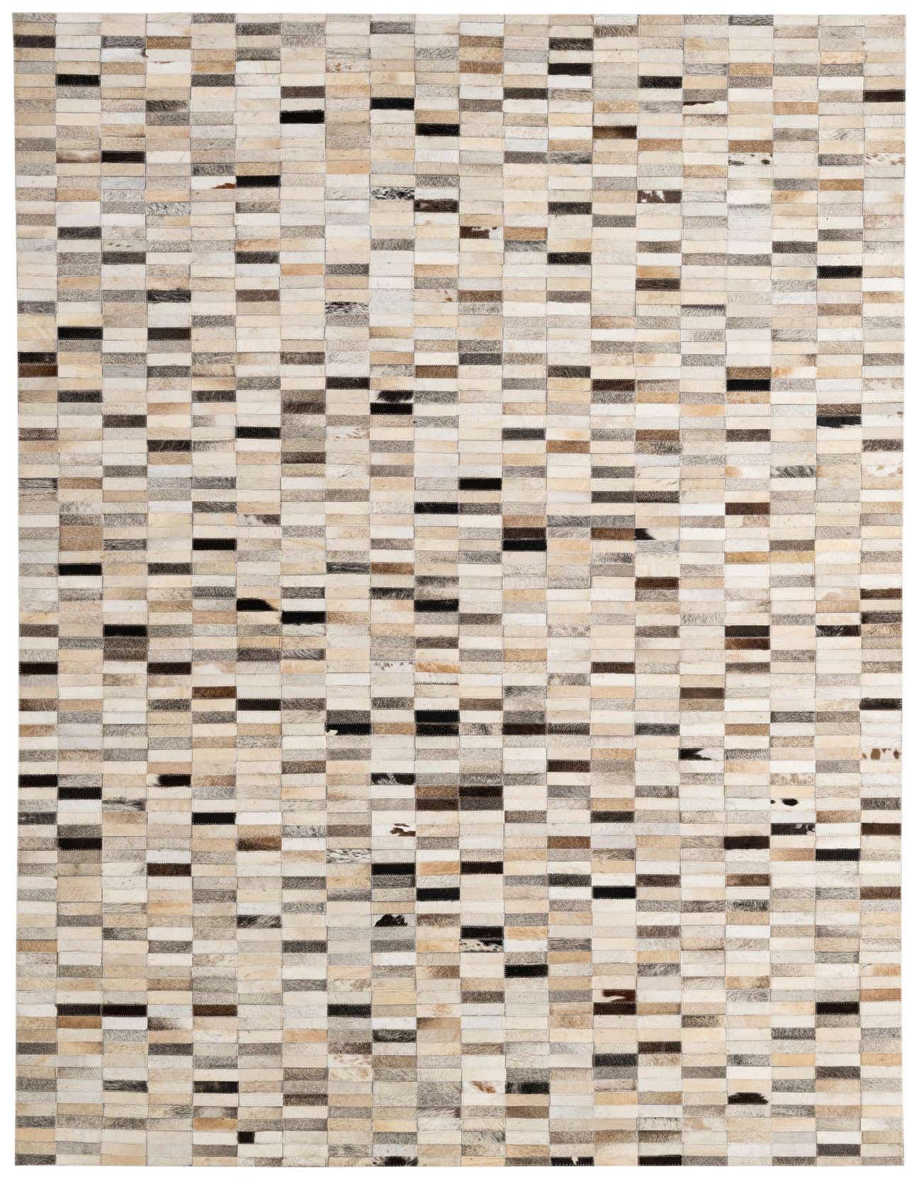 A rectangular 5x8 multi-colored cowhide patchwork rug with a modern stripe pattern, ideal for a living room.