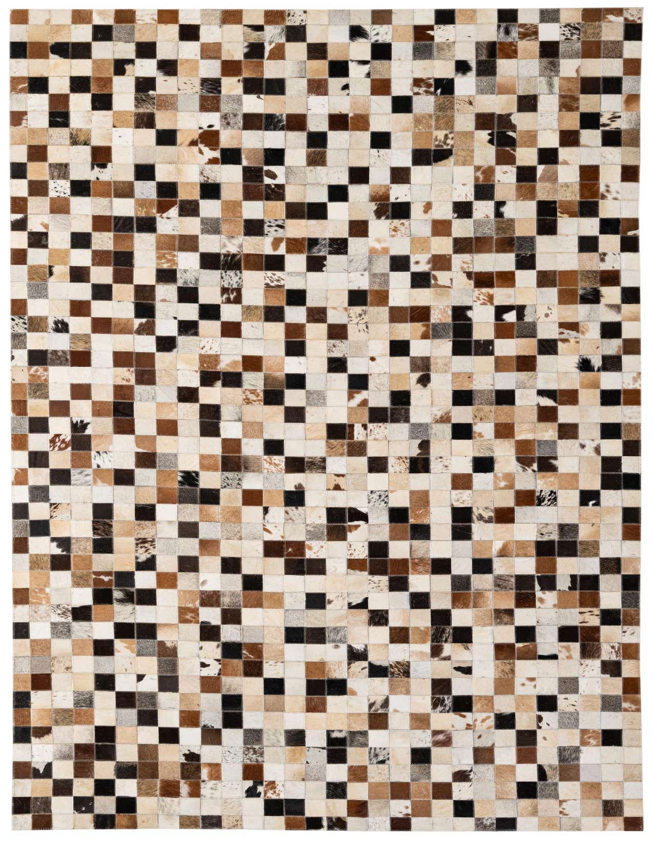A 5x8 rectangular Cowhide Patchwork rug featuring a modern checkered pattern in multi-colored natural cowhide and leather.