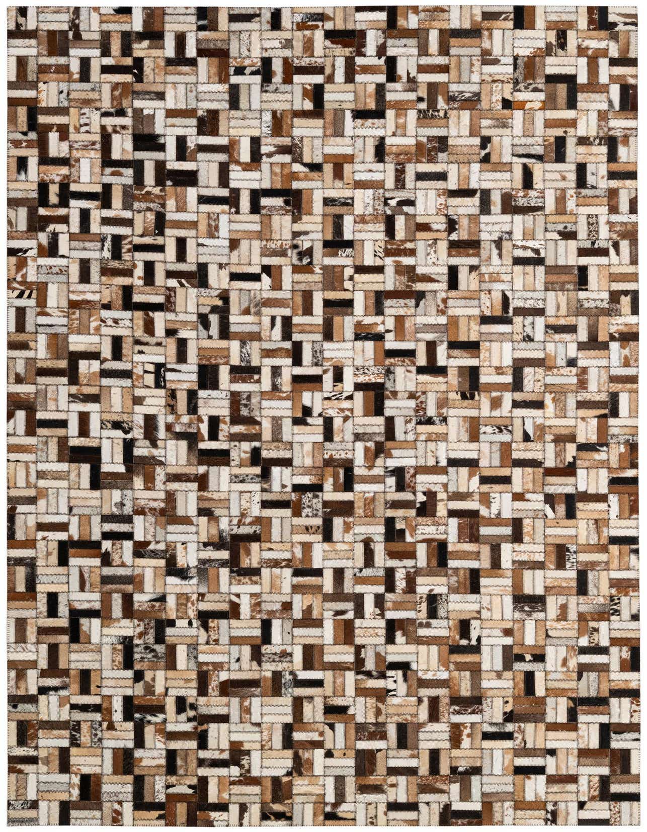 A rectangular 5x8 patchwork cowhide rug featuring a modern stripe pattern in various shades of brown, black, and cream.