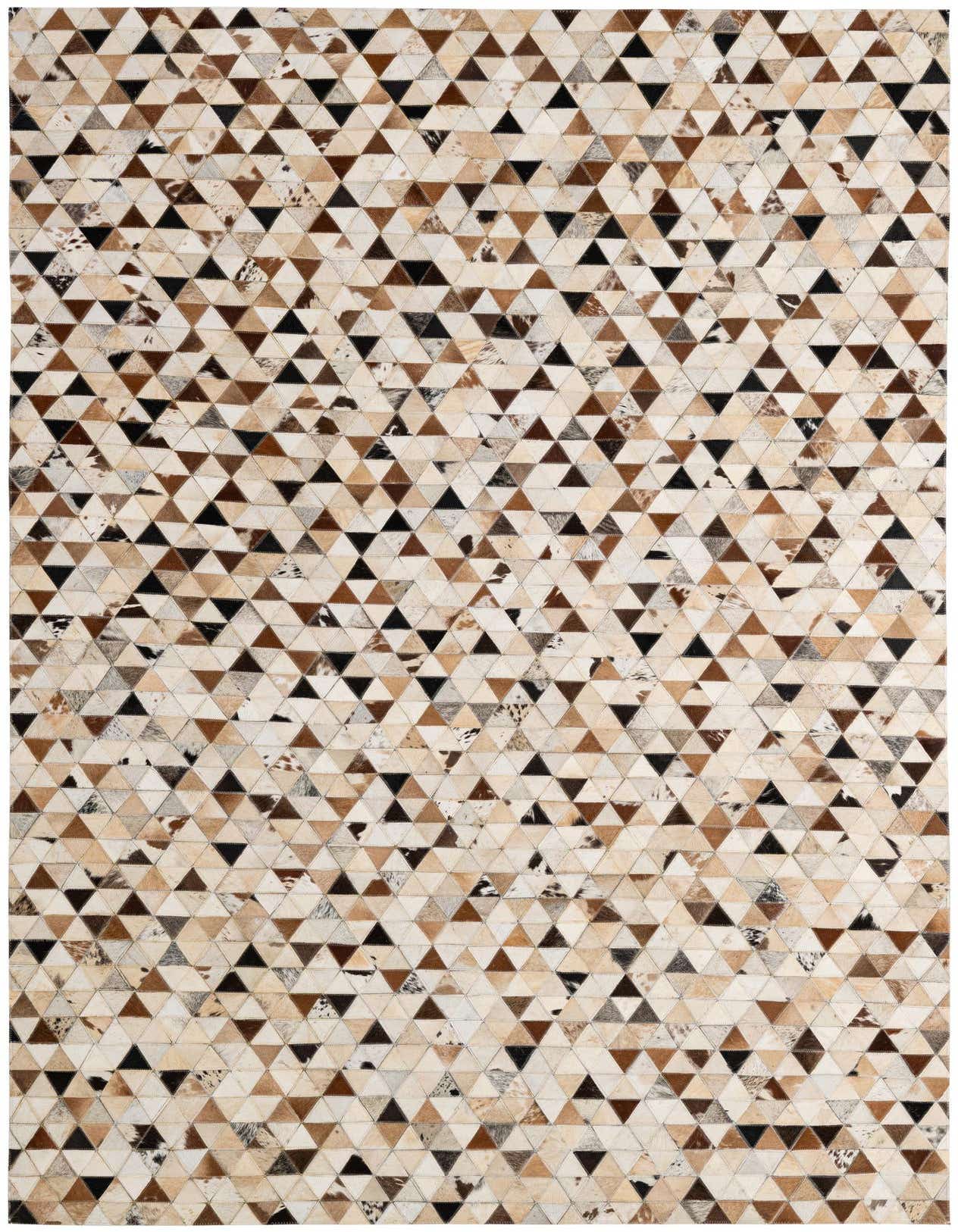 A 5x8 rectangular Cowhide Patchwork rug featuring a modern geometric pattern of multi-colored triangles in various shades of brown, beige, cream, and black.