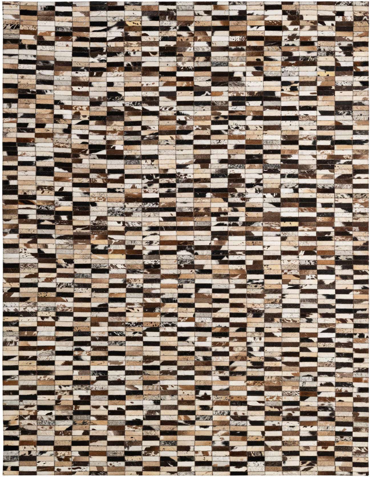 A rectangular 5x8 modern patchwork cowhide rug featuring a checkerboard pattern in various shades of brown, black, and white.