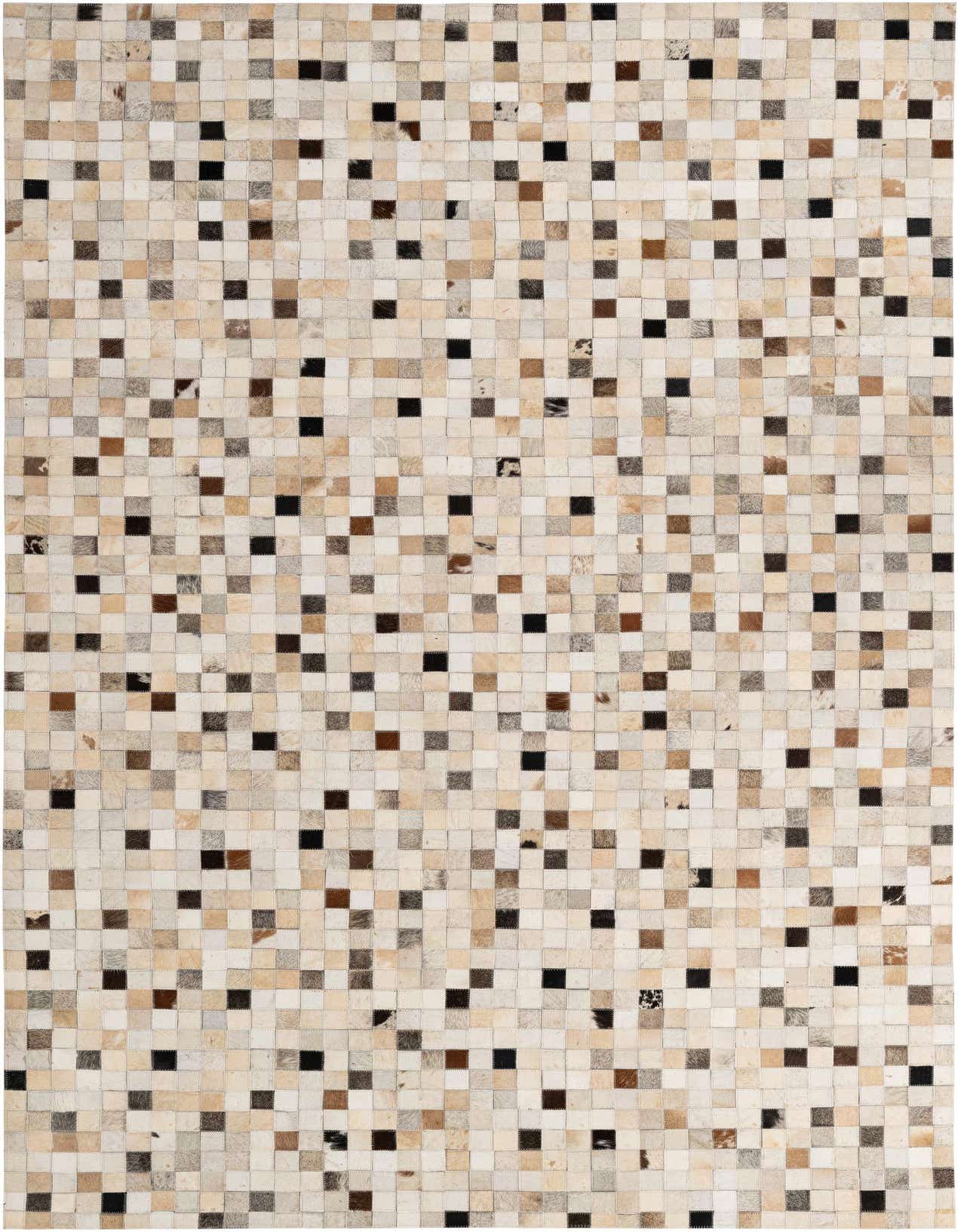 A 5x8 rectangular Cowhide Patchwork rug featuring a modern mosaic of multi-colored squares in natural brown, black, and cream tones.
