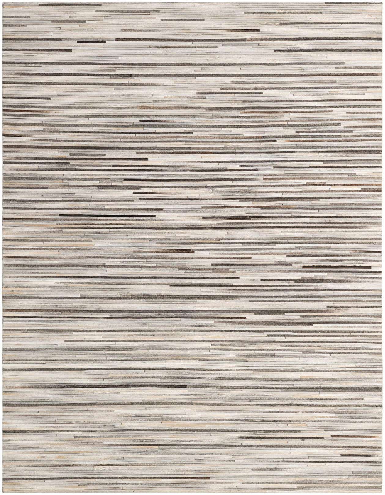 A 5x8 rectangular, multi-colored cowhide patchwork rug with horizontal stripes in varying shades of brown, gray, and cream, suitable for a modern living room.