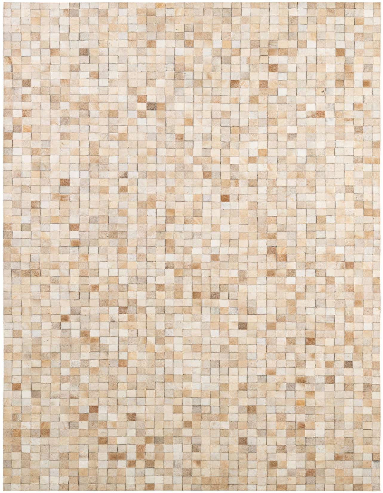 A 5x8 rectangular Cowhide Patchwork rug featuring a mosaic of multi-colored natural cowhide squares, ideal for a modern living room.