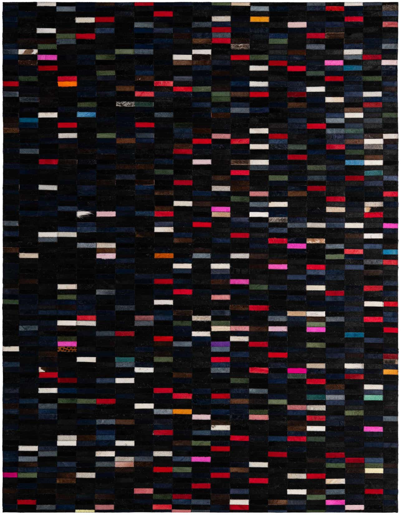 A 5x8 rectangular, multi-colored modern cowhide patchwork rug with a stripe pattern, suitable for a living room.