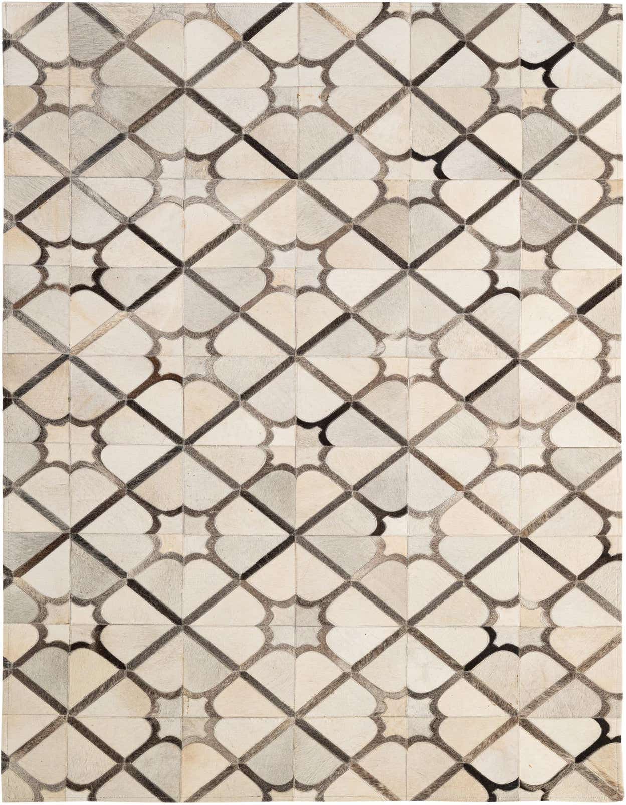 A 5x8 rectangular Cowhide - Patchwork rug featuring a modern geometric pattern in multi-colored natural cowhide and leather.