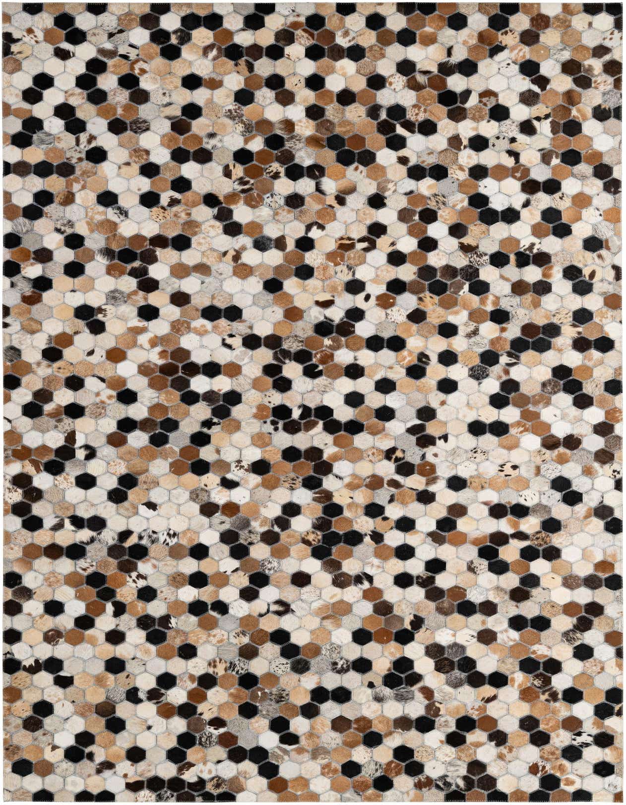 A 5x8 rectangular Cowhide Patchwork rug featuring a modern hexagonal pattern in multi-colored natural cowhide and black.