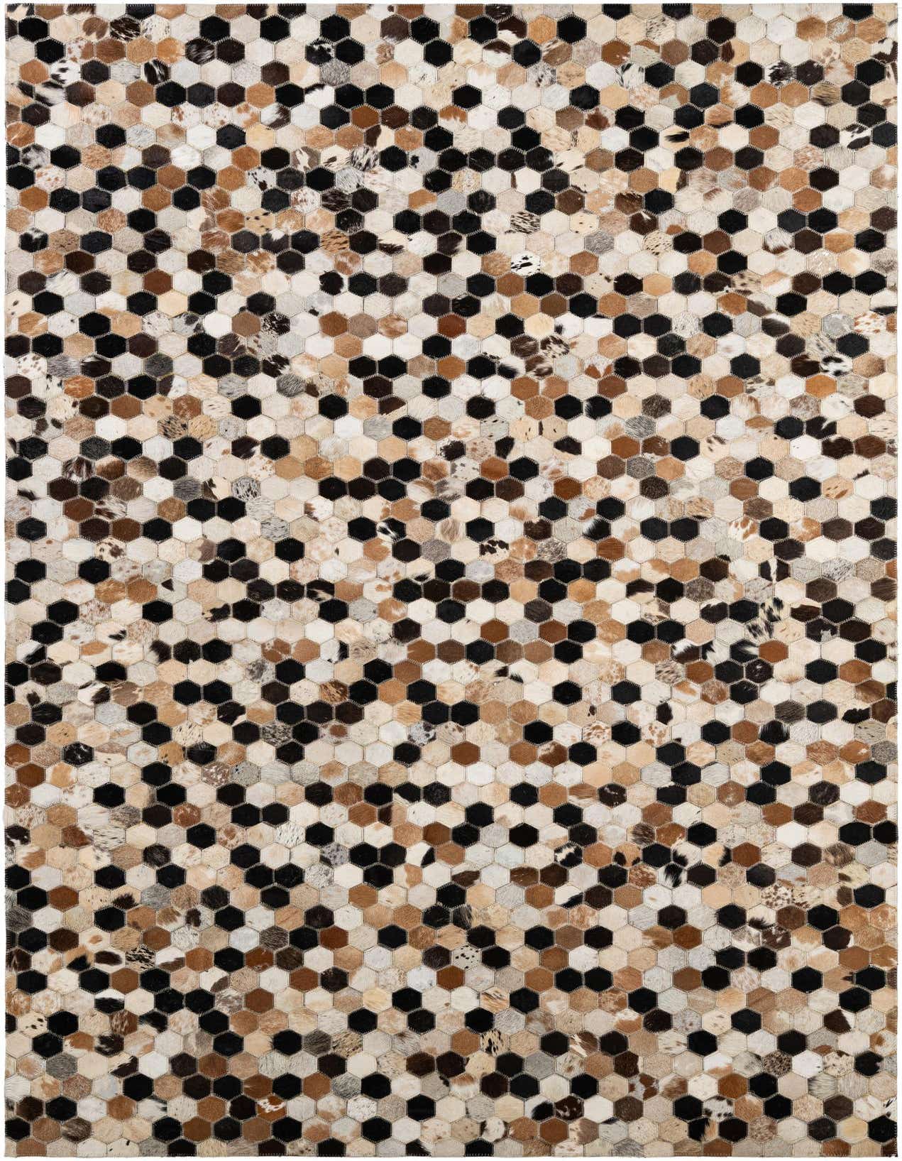 A 5x8 rectangular Cowhide Patchwork rug with a modern hexagonal pattern in multi-colored natural tones.