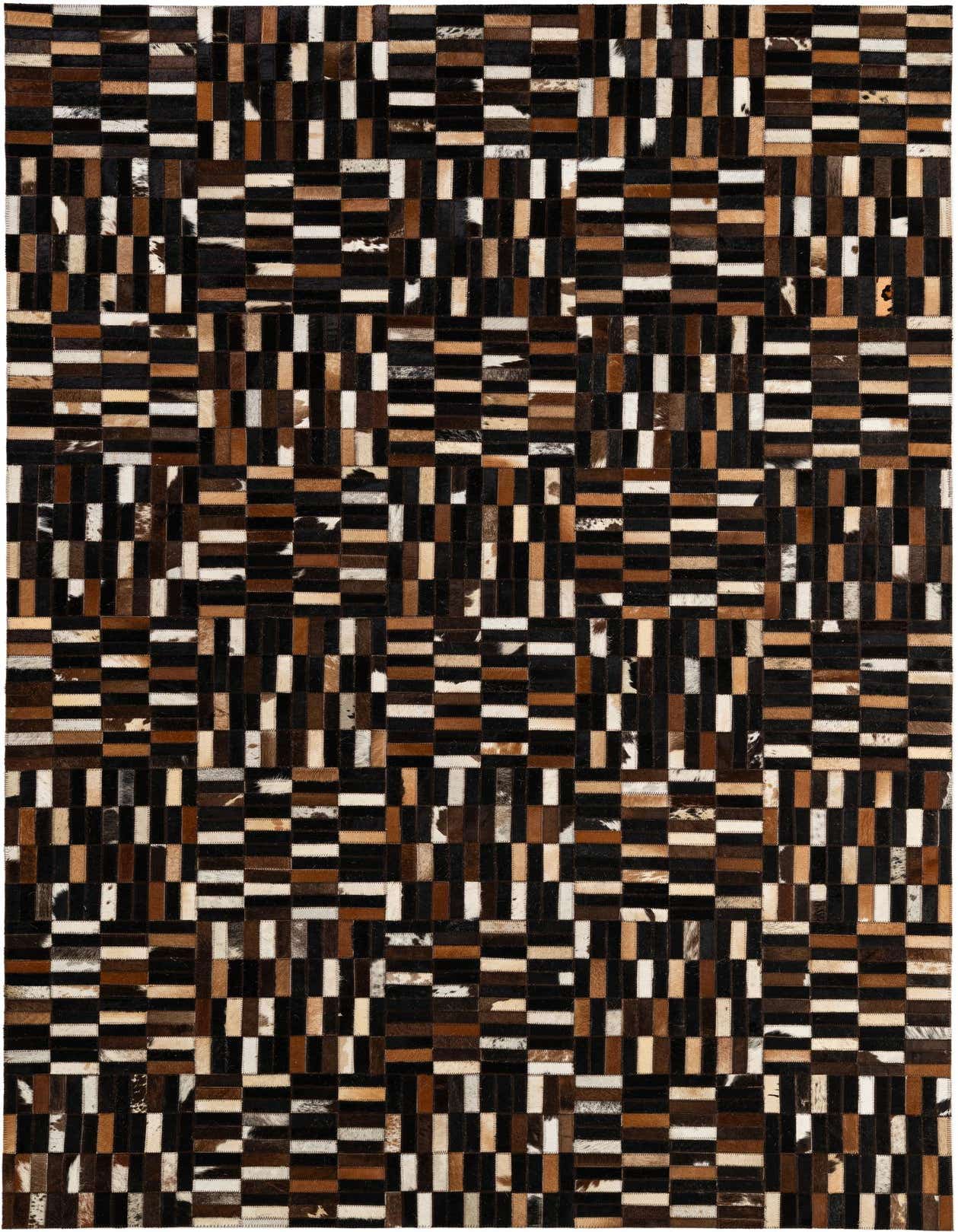 A rectangular 5x8 modern patchwork cowhide rug in multi-colored shades of black, brown, and white, suitable for a living room.