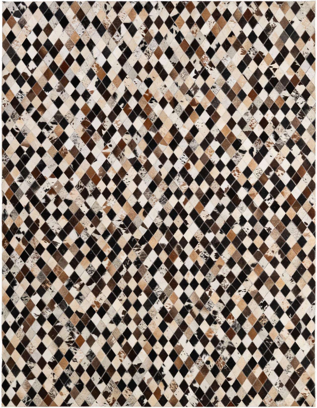 A 5x8 rectangular Cowhide Patchwork rug featuring a modern diamond pattern in multi-colored natural cowhide and leather.