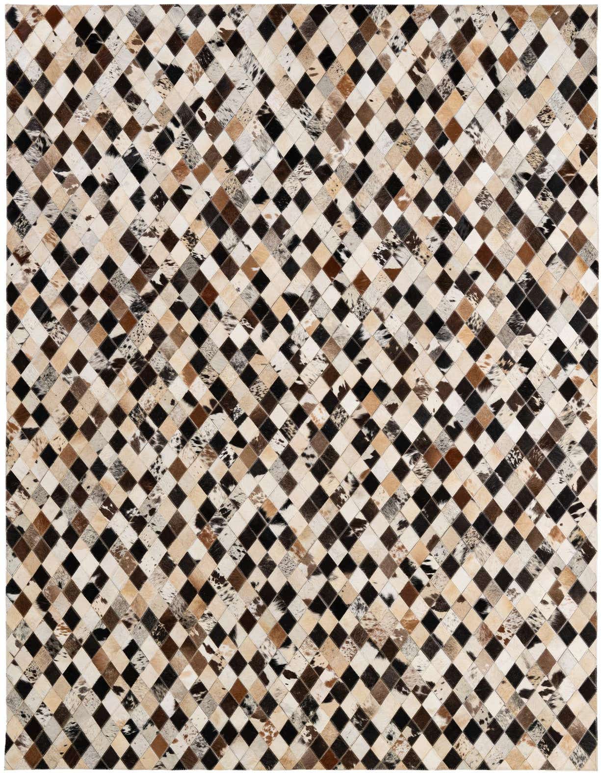 A 5x8 rectangular Cowhide Patchwork rug with a modern diamond pattern in multi-colored natural cowhide and leather.