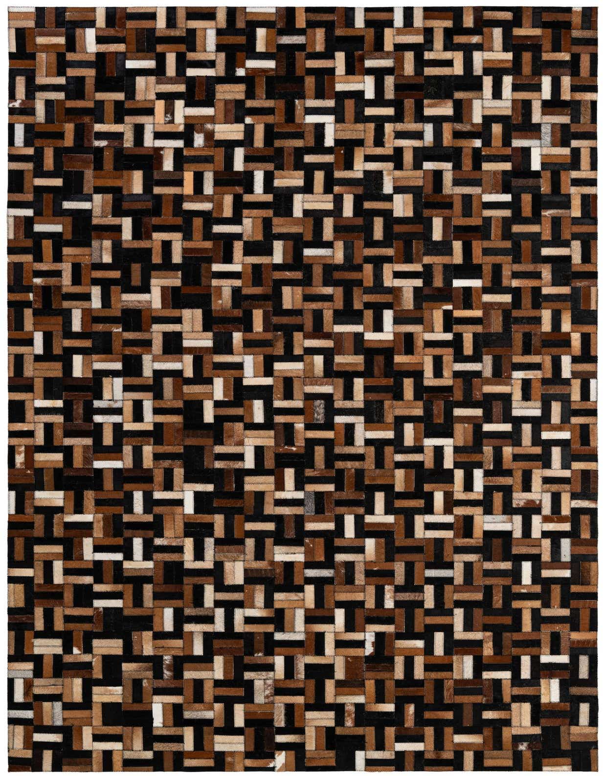 A 5x8 rectangular Cowhide Patchwork rug featuring a modern stripe pattern in multi-colored brown, black, and white tones, ideal for a living room.