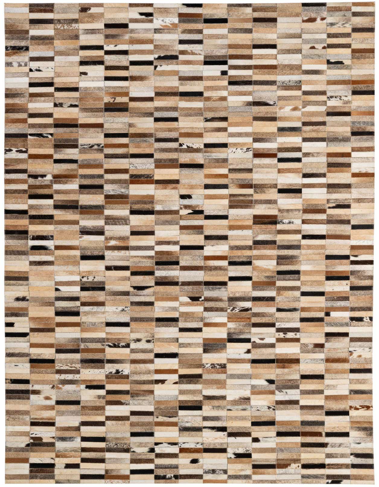 A rectangular 5x8 Cowhide Patchwork rug featuring varied natural shades of brown, black, cream, and white in a modern striped pattern.