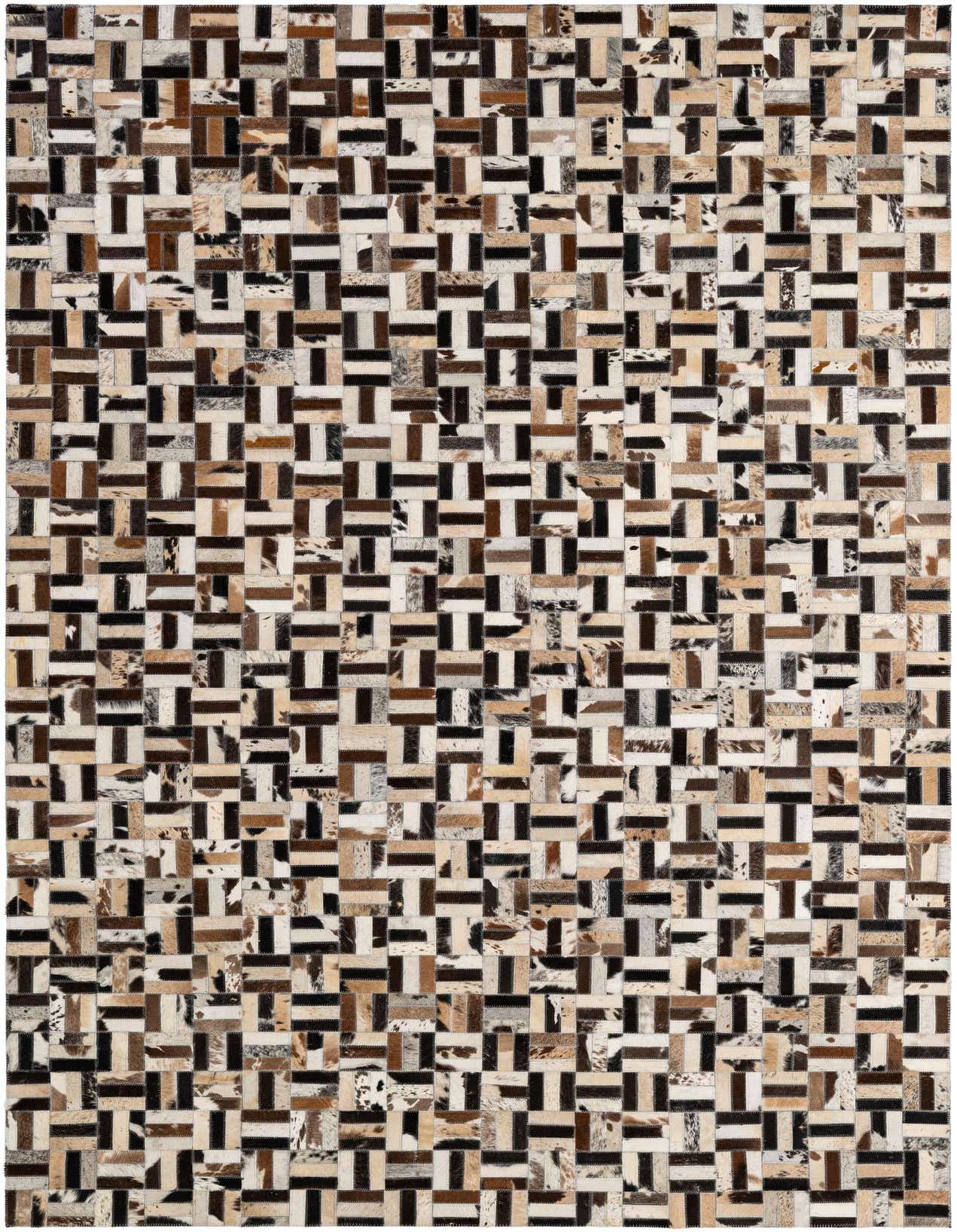 A 5x8 rectangular Cowhide Patchwork rug featuring a modern stripe pattern in multi-colored natural cowhide and leather.