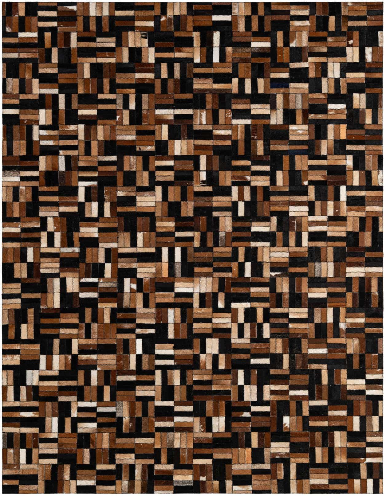 A rectangular 5x8 patchwork cowhide rug featuring a modern stripe pattern in black, brown, and cream tones.