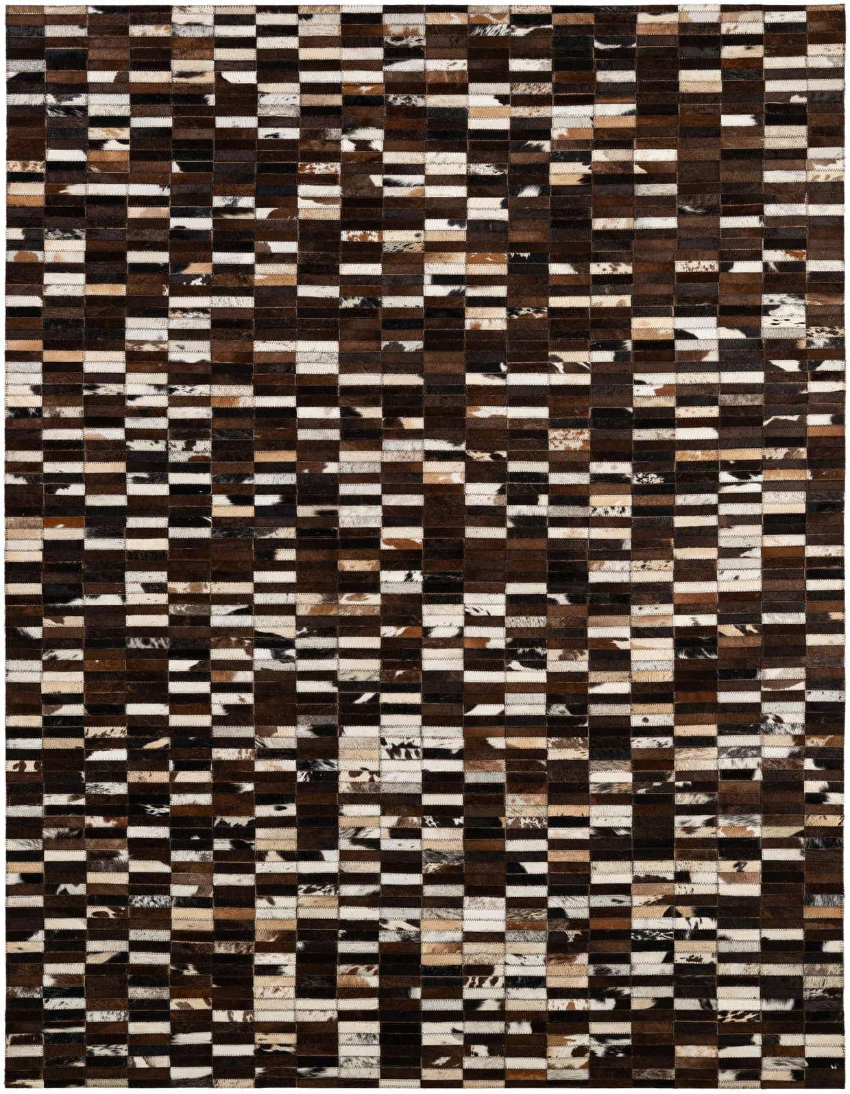 A 5x8 rectangular Cowhide Patchwork rug featuring a modern stripe pattern in multi-colored natural cowhide and leather.