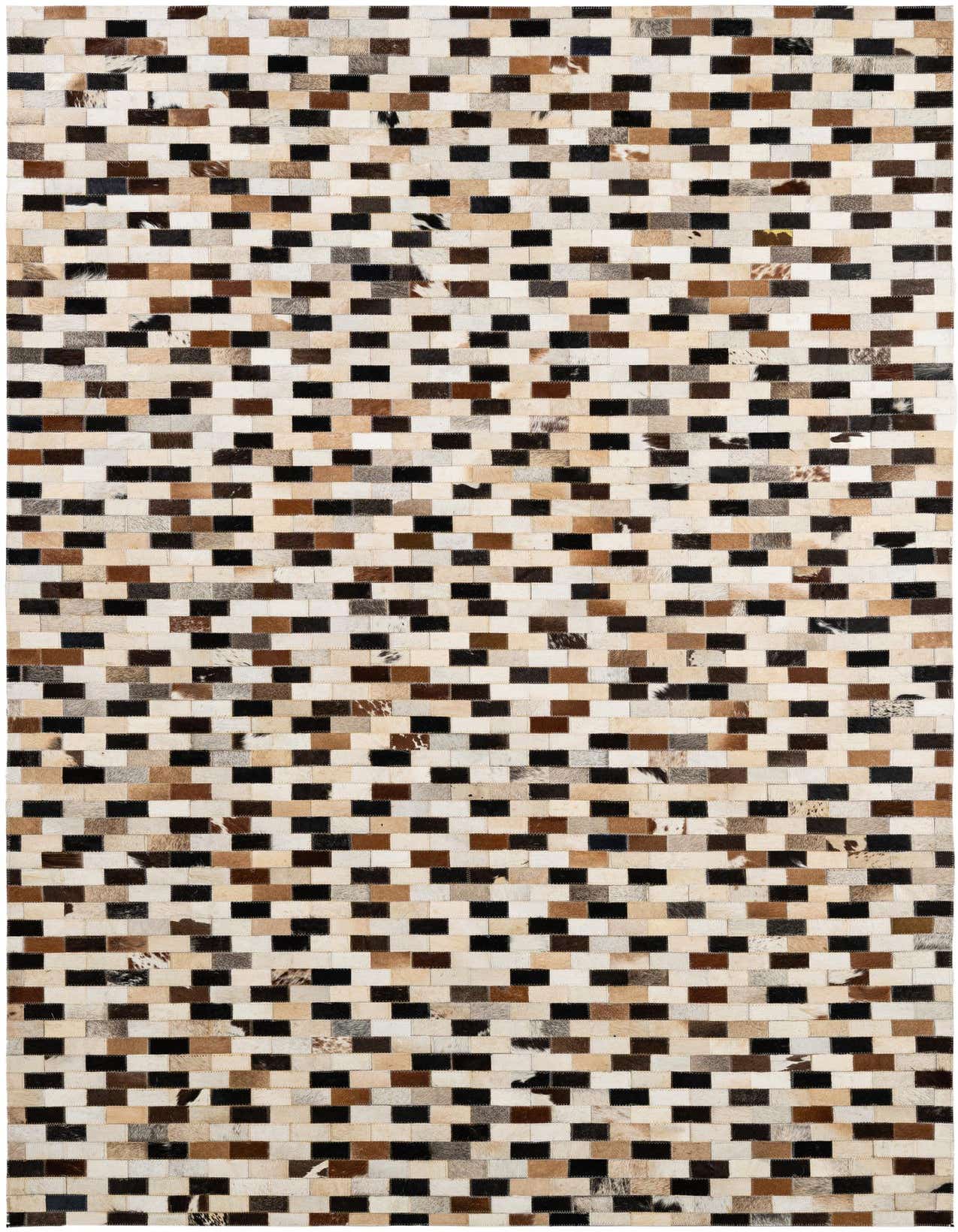 A 5x8 rectangular Cowhide Patchwork rug featuring a modern stripe pattern in multi-colored natural cowhide and leather.