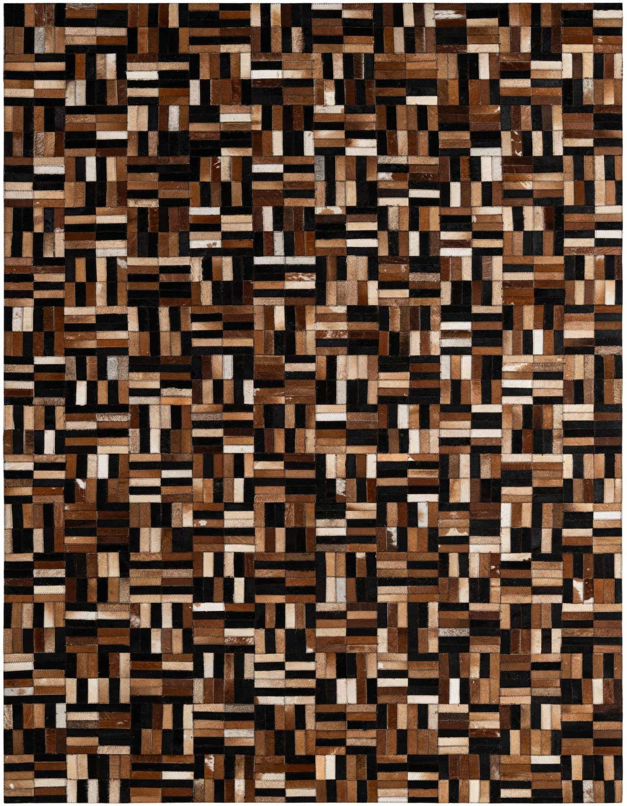 A 5x8 rectangular Cowhide Patchwork rug featuring a modern stripe pattern in various shades of brown, black, and cream.