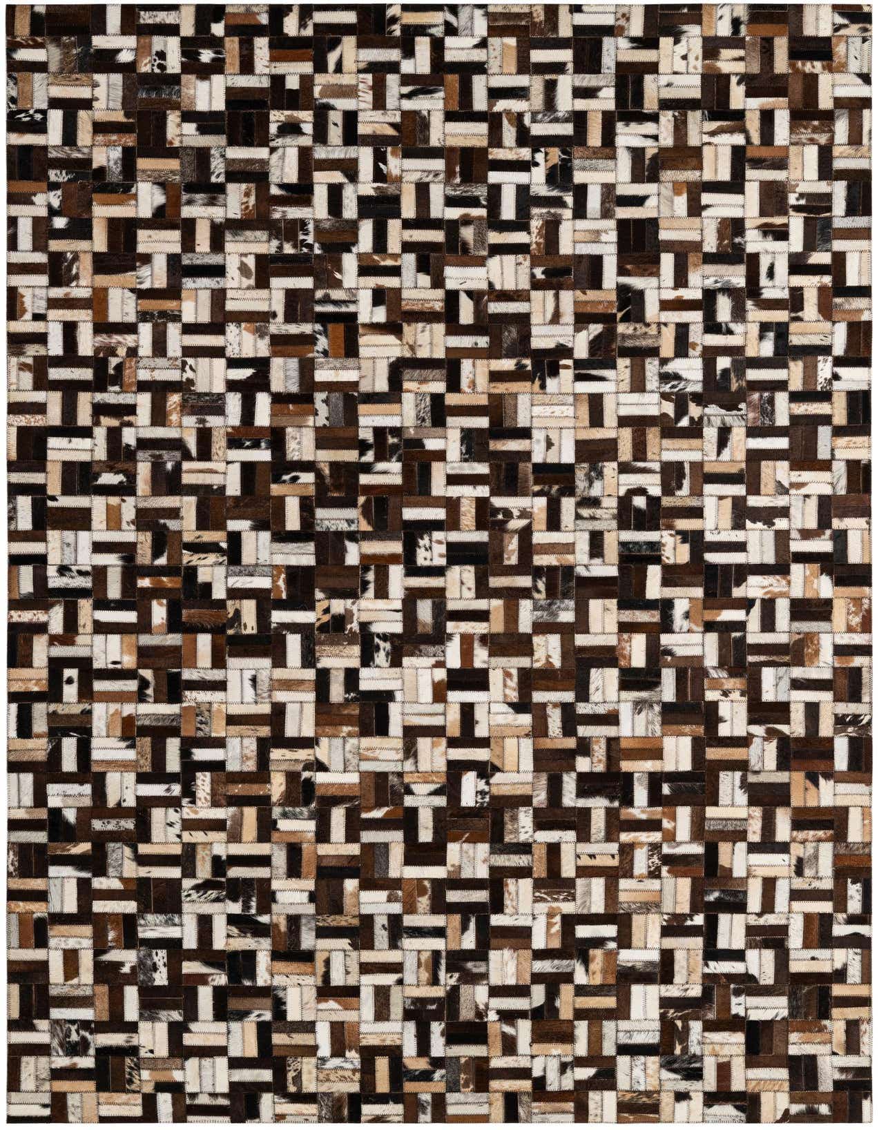 A 5x8 rectangular Cowhide Patchwork rug featuring a modern pattern of multi-colored natural cowhide and leather squares.