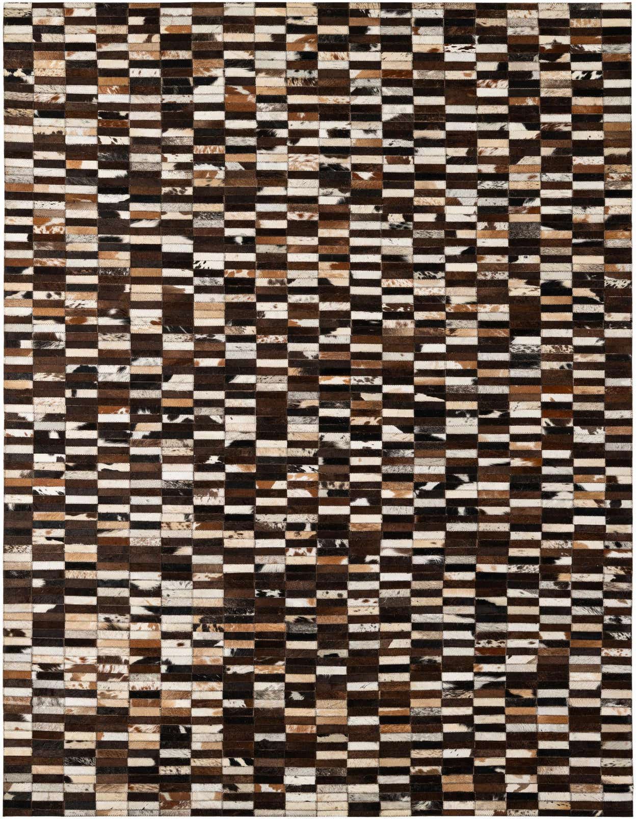A rectangular 5x8 Cowhide Patchwork rug featuring a modern stripe pattern in multi-colored natural cowhide and leather.