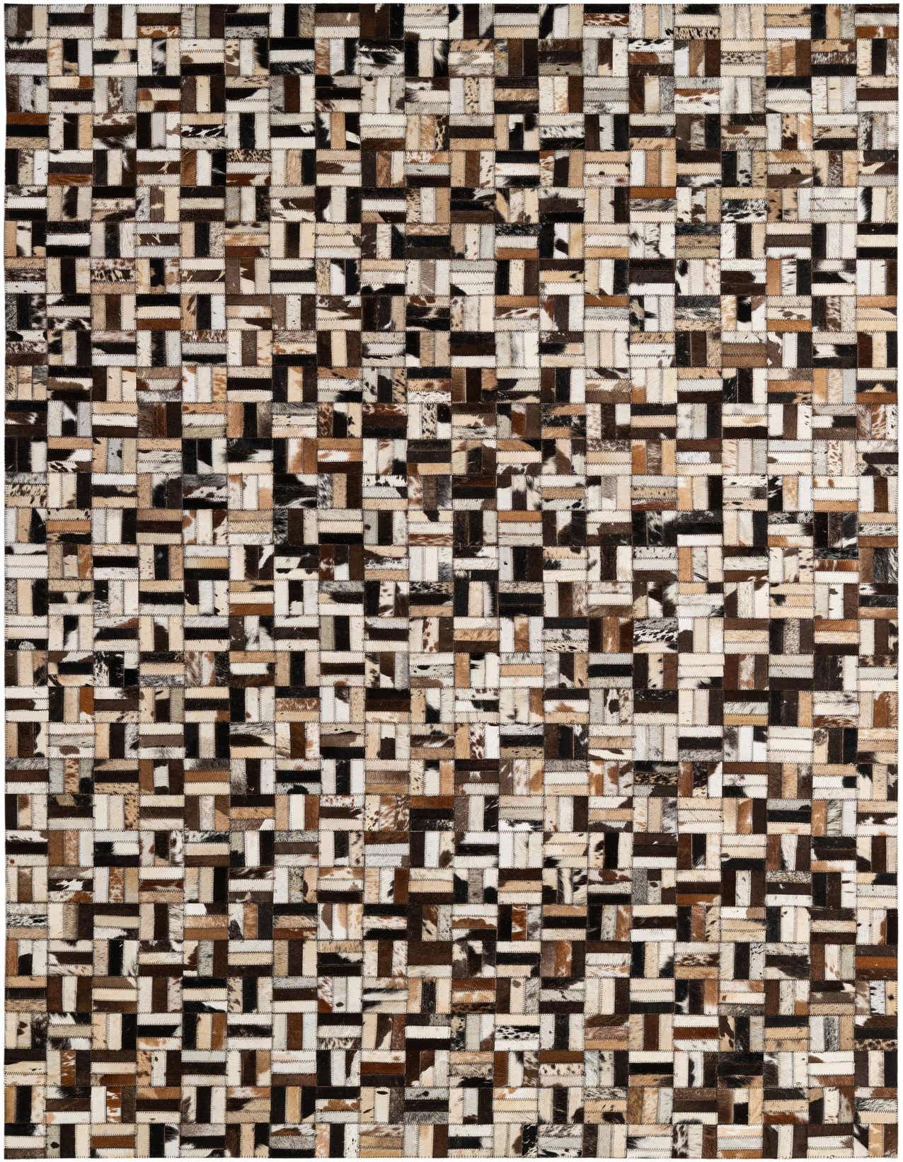 A rectangular 5x8 multi-colored cowhide patchwork rug with a modern stripe pattern, ideal for a living room or bedroom.