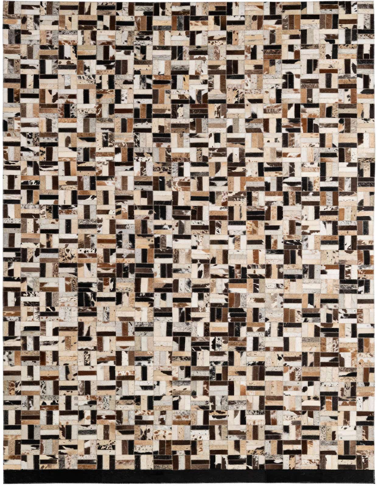 A 5x8 rectangular Cowhide - Patchwork rug featuring a modern, multi-colored stripe pattern in various natural cowhide shades, perfect for a living room or bedroom.