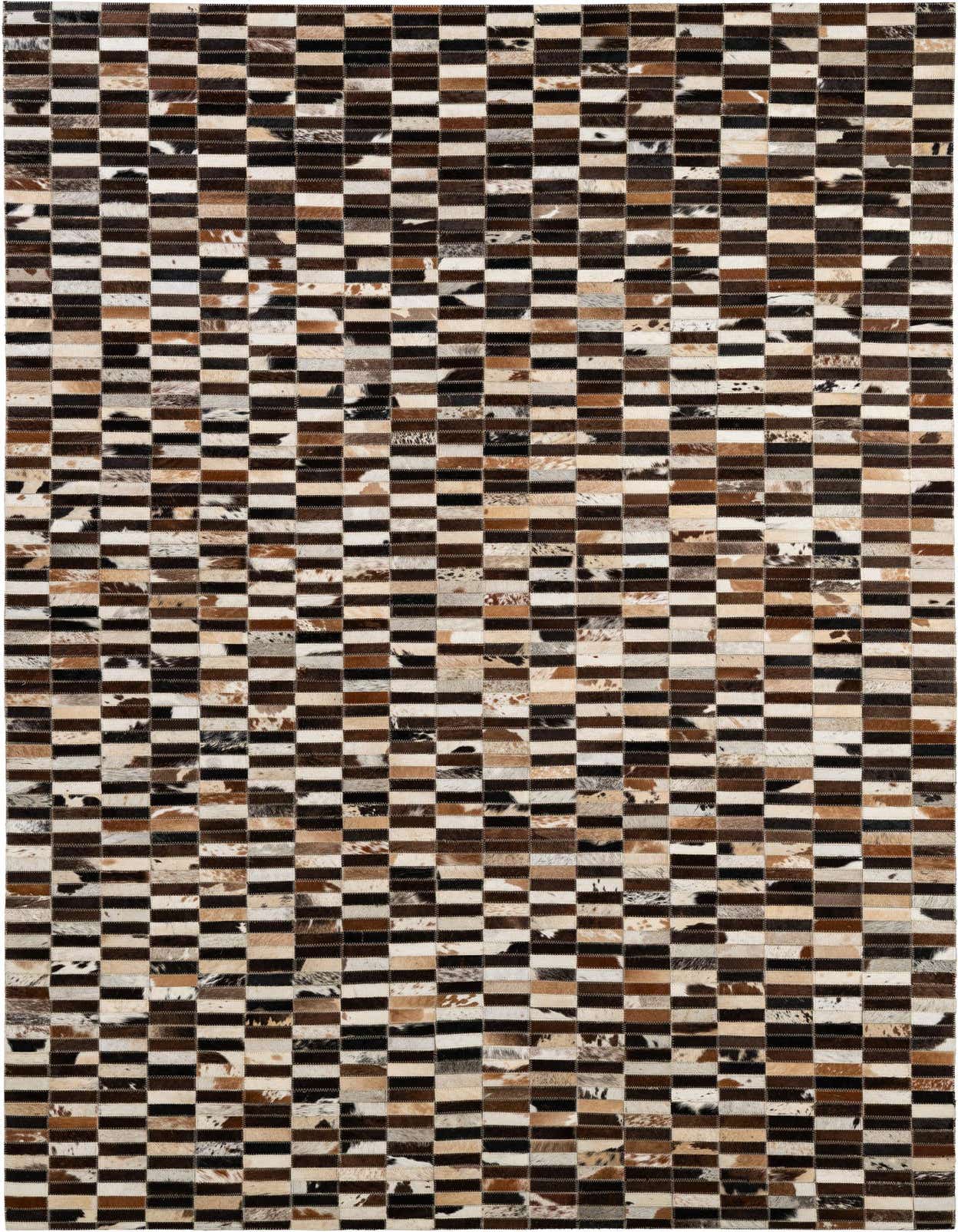 A 5x8 rectangular patchwork cowhide rug with a modern checkerboard pattern in various shades of brown, black, and white.