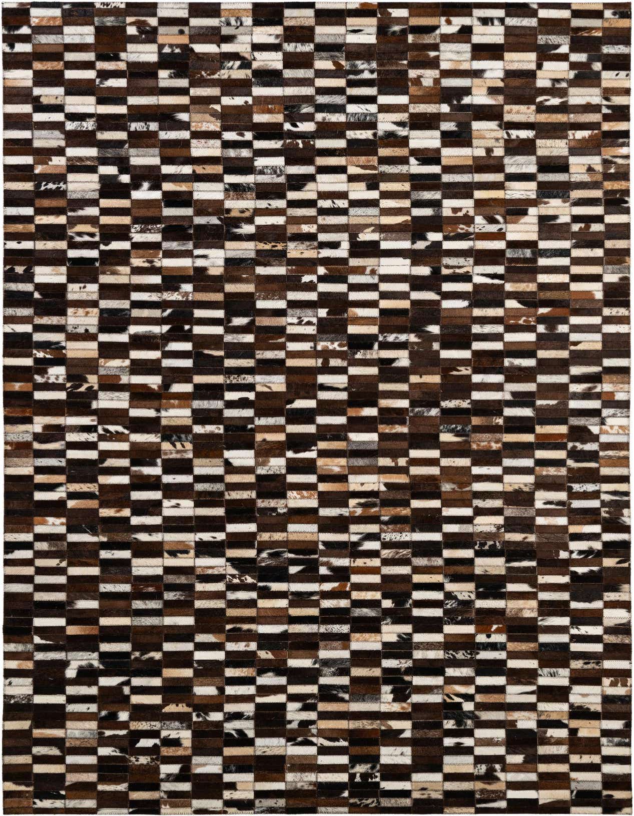 A rectangular 5x8 Cowhide Patchwork rug featuring a modern stripe pattern in various shades of brown, black, and white.