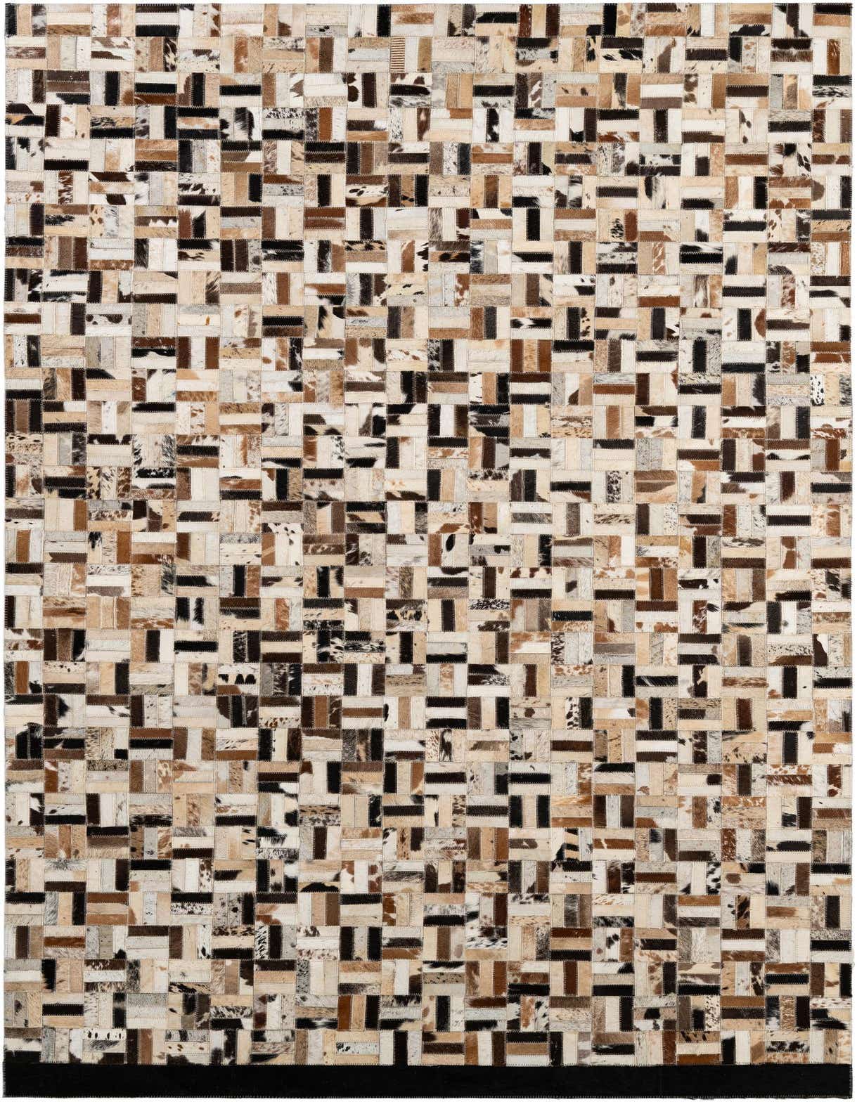 A 5x8 rectangular Cowhide Patchwork rug featuring a modern stripe pattern with multi-colored natural cowhide and leather patches.