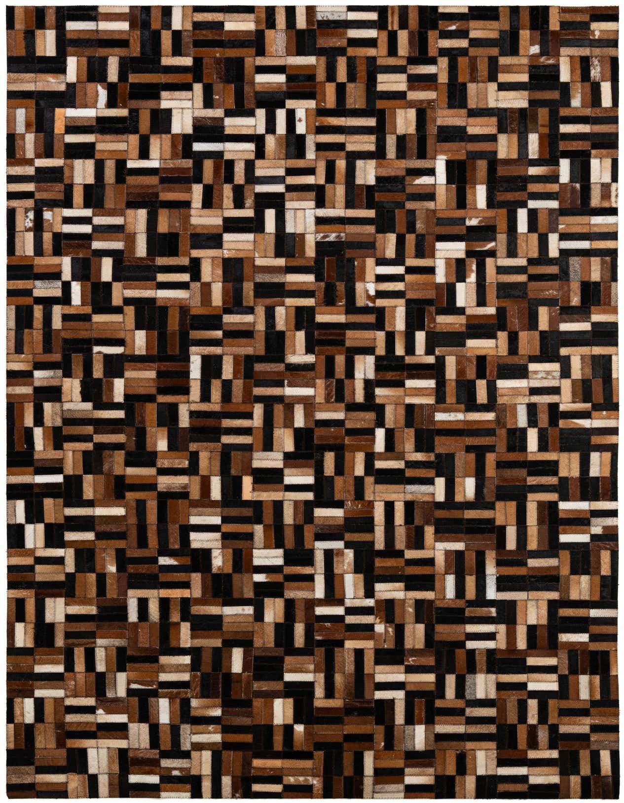 A 5x8 rectangular Cowhide Patchwork rug featuring a modern stripe pattern in multi-colored brown, black, and cream tones.
