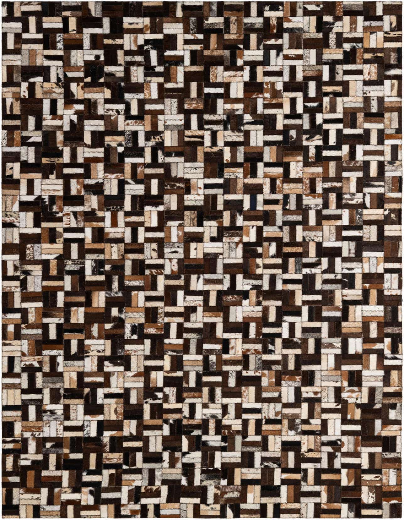 A rectangular 5x8 patchwork cowhide rug featuring a modern stripe pattern in various shades of brown, black, and white.