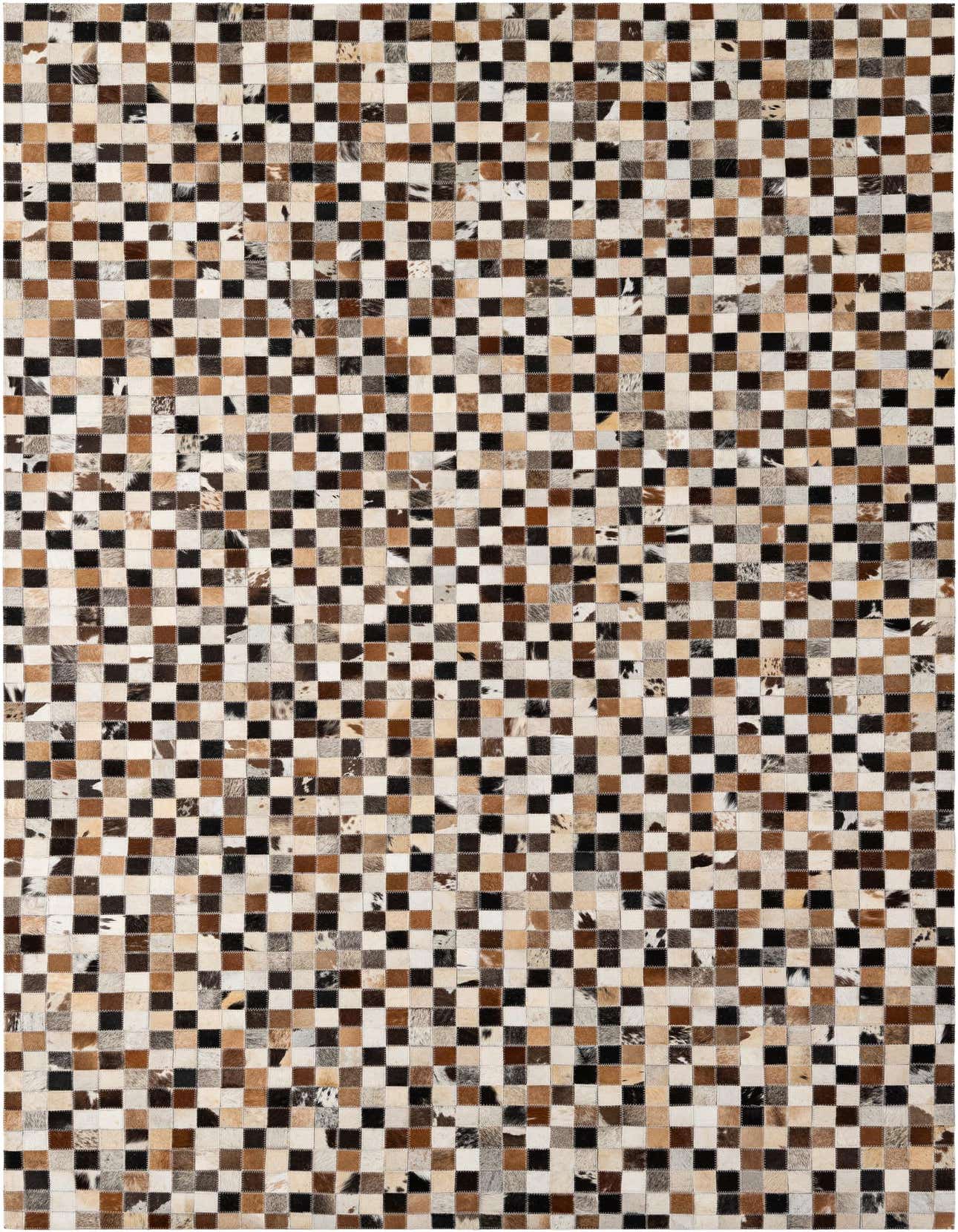 A rectangular 5x8 modern patchwork cowhide rug featuring a checkerboard pattern of multi-colored squares in brown, black, and cream tones.