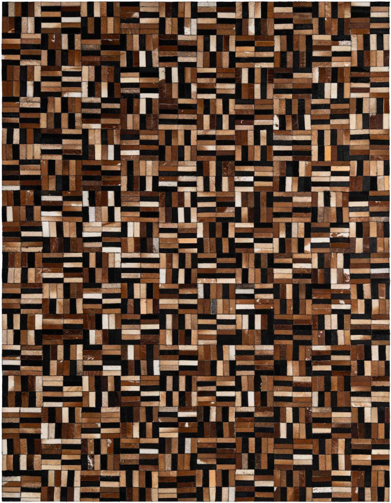 A 5x8 rectangular Cowhide Patchwork rug featuring a modern stripe pattern in various shades of brown, black, and cream.