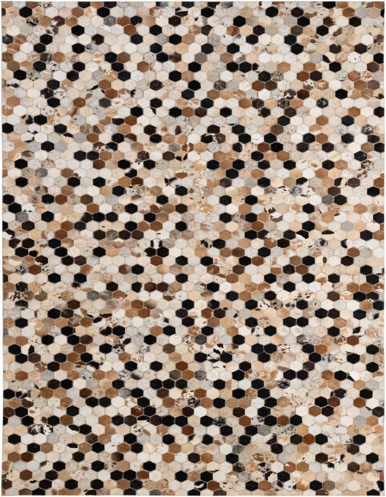 A 5x8 rectangular Cowhide - Patchwork rug featuring a modern hexagonal pattern in multi-colored natural cowhide and leather tones, suitable for various indoor rooms.