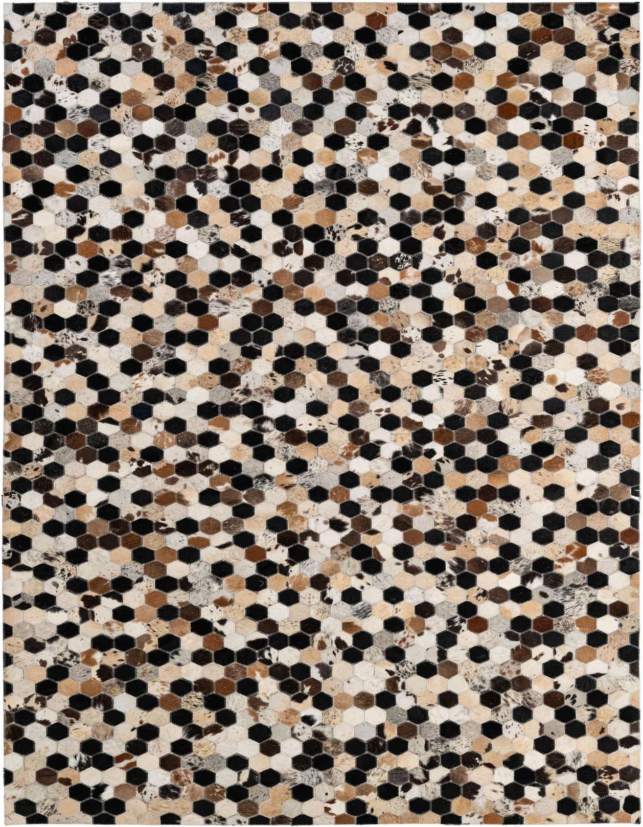 A 5x8 rectangular Cowhide - Patchwork rug with a modern hexagonal pattern in multi-colored natural cowhide and leather.