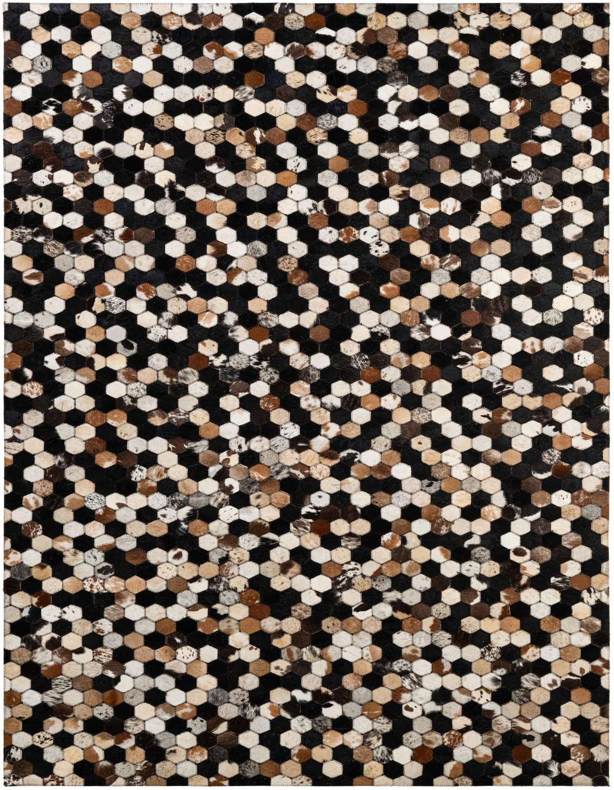 A rectangular 5x8 modern patchwork cowhide rug featuring a mosaic of multi-colored hexagonal leather and cowhide pieces, ideal for a living room.