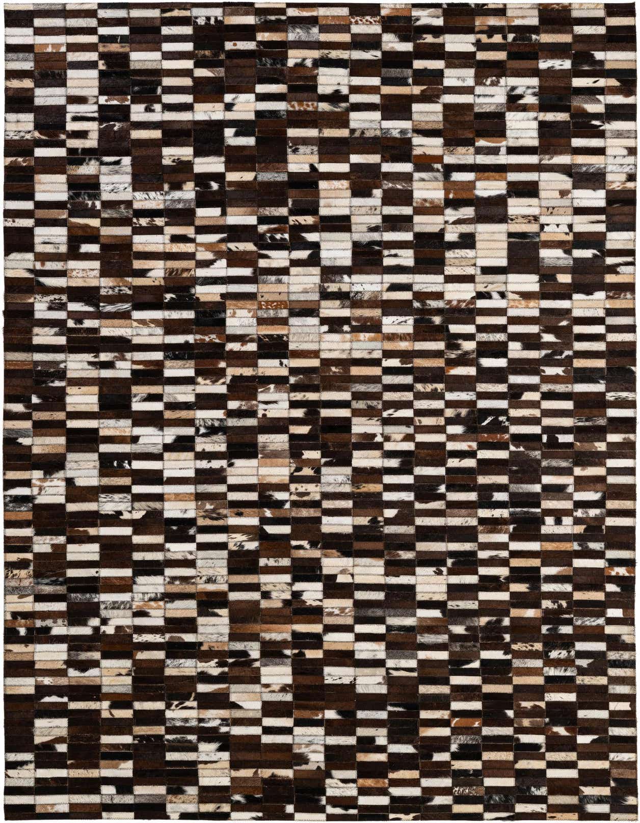 A 5x8 rectangular patchwork cowhide rug featuring a modern multi-colored checkerboard pattern in shades of brown, black, and white.