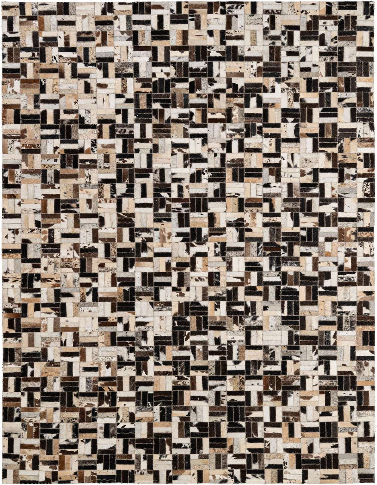 A 5x8 rectangular Cowhide Patchwork rug featuring a modern stripe pattern in multi-colored brown, black, and white tones.