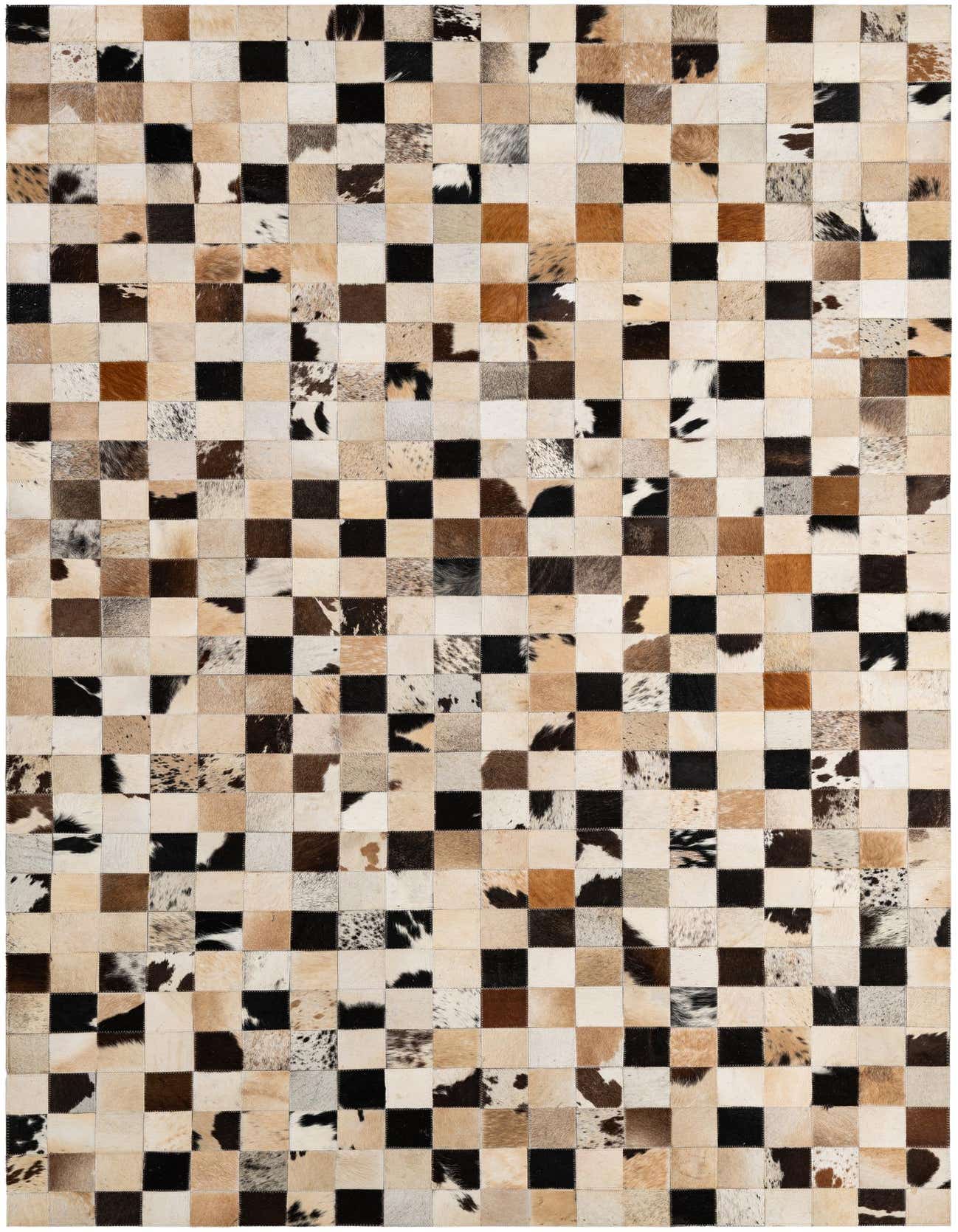 A 5x8 rectangular patchwork cowhide rug featuring a modern grid pattern of multi-colored squares in natural brown, black, and white tones.