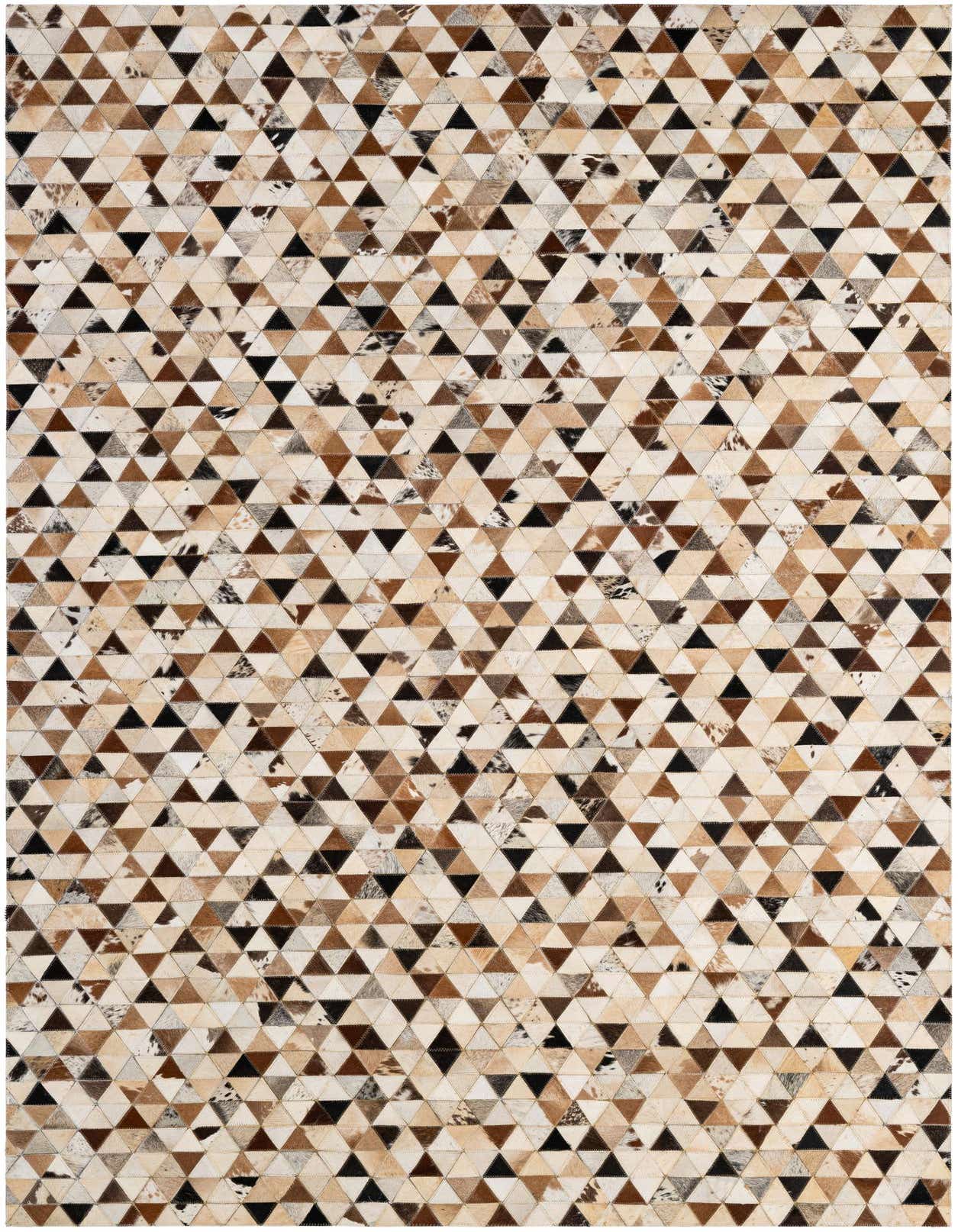 A 5x8 rectangular Cowhide - Patchwork rug featuring a modern geometric pattern of multi-colored natural cowhide and leather triangles.