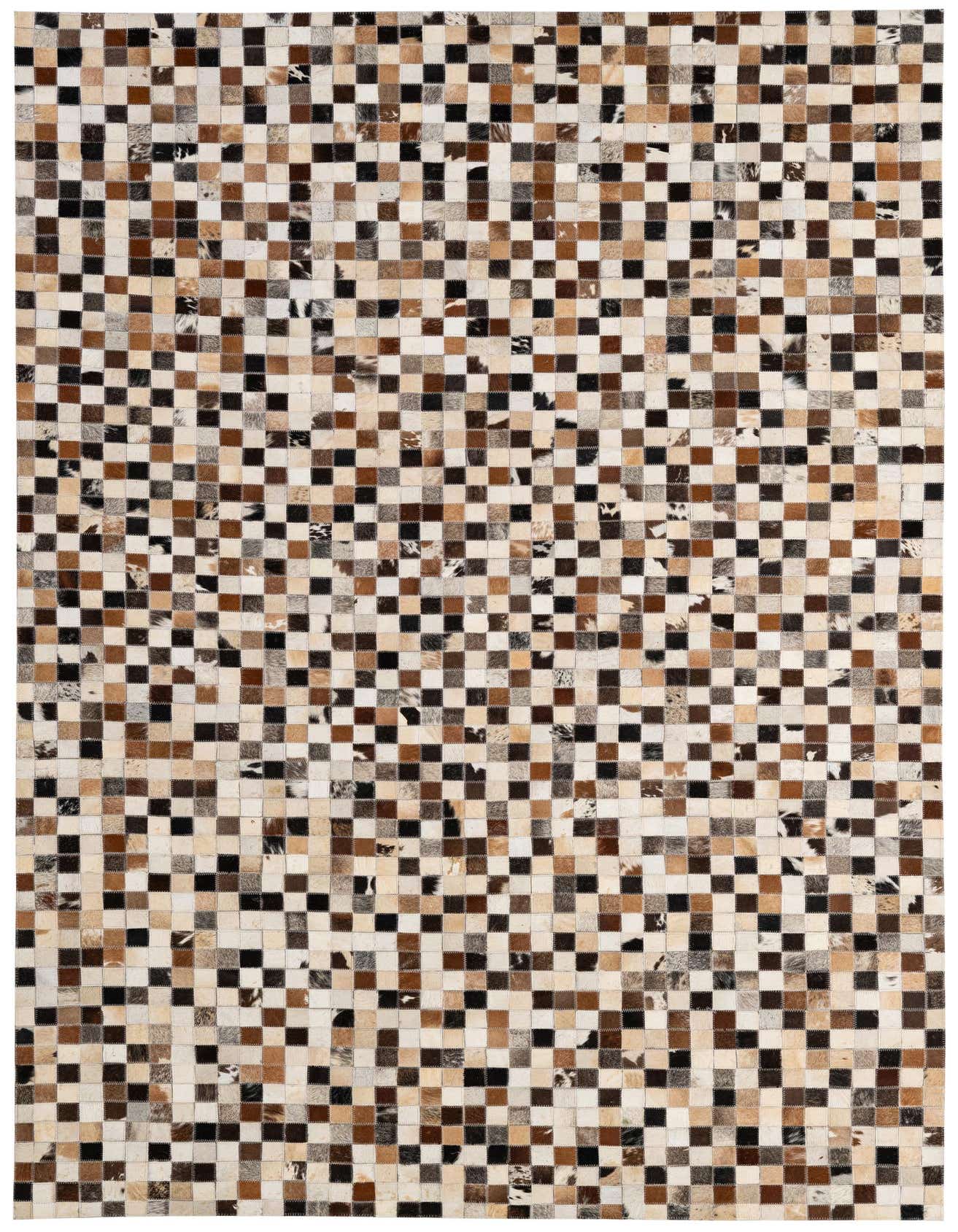 A 5x8 rectangular patchwork cowhide rug featuring a modern checkered pattern in multi-colored natural tones of brown, black, and white.