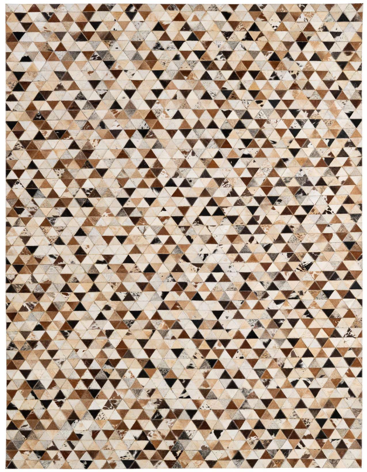 A 5x8 rectangular cowhide rug featuring a modern patchwork of multi-colored triangular leather pieces in various shades of brown, beige, and black.