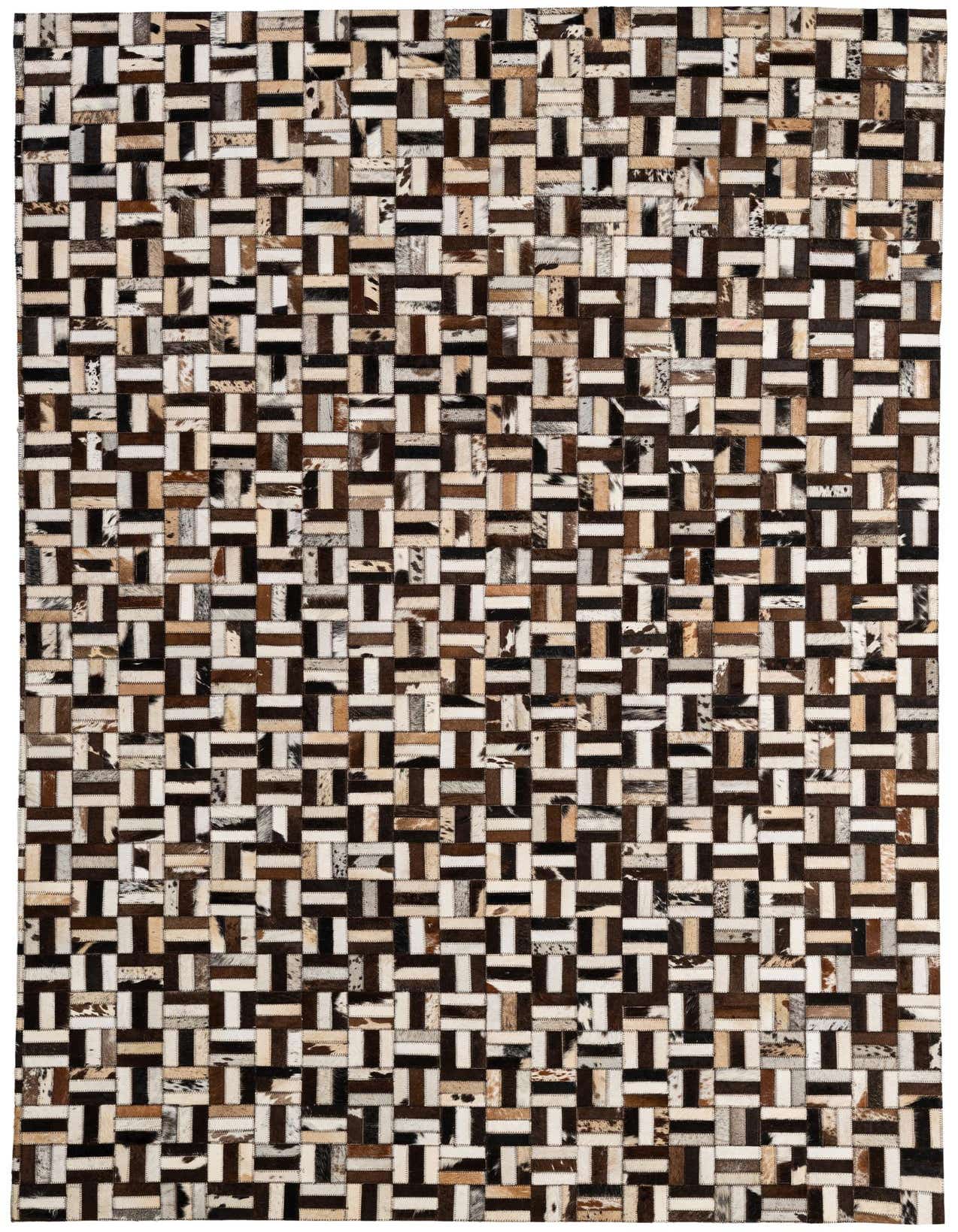 A 5x8 rectangular Cowhide Patchwork rug featuring a modern stripe pattern in multi-colored brown, black, and white tones.