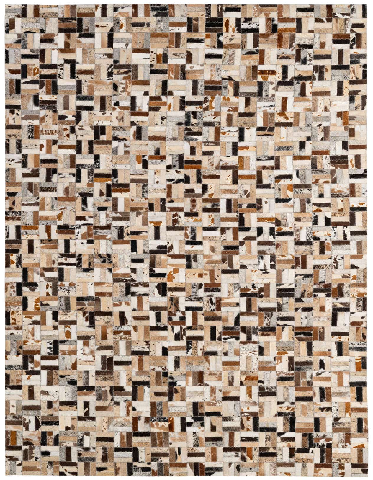 A rectangular 5x8 multi-colored patchwork cowhide rug, featuring various shades of brown, black, and white in a modern stripe pattern, ideal for a living room.
