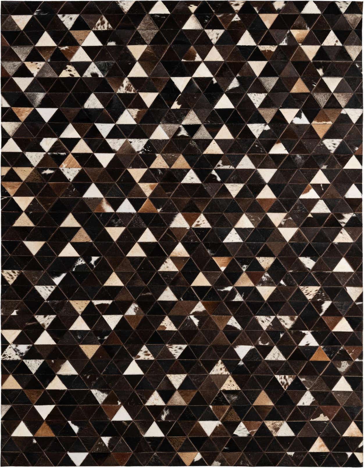 A 5x8 rectangular cowhide rug featuring a modern patchwork of multi-colored triangles in shades of brown, black, and white.