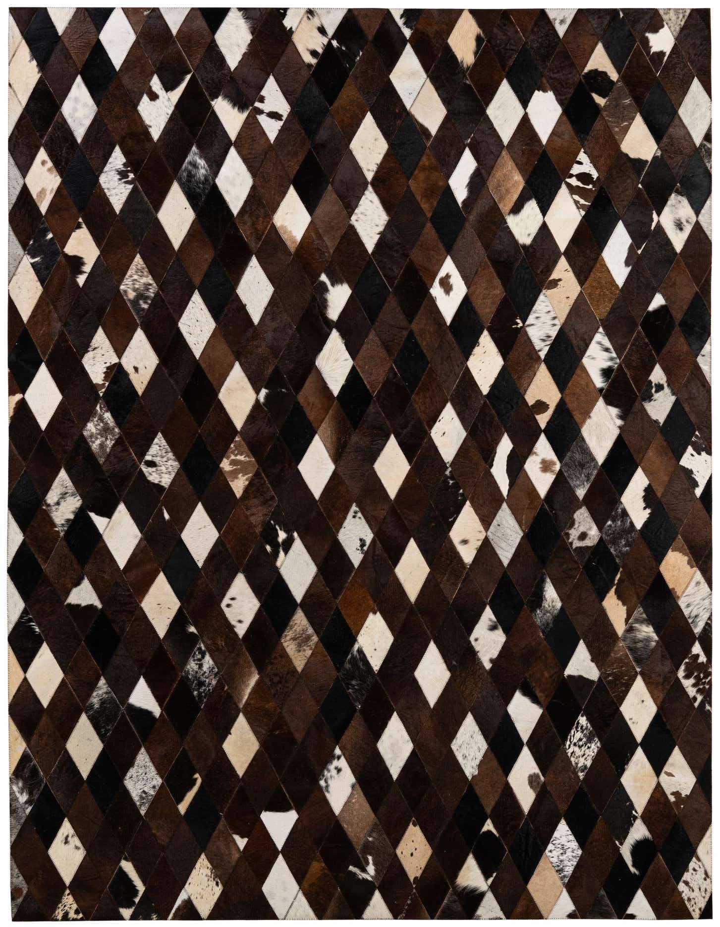 A 6x9 rectangular patchwork cowhide rug featuring a modern diamond pattern in various shades of brown, black, and white.